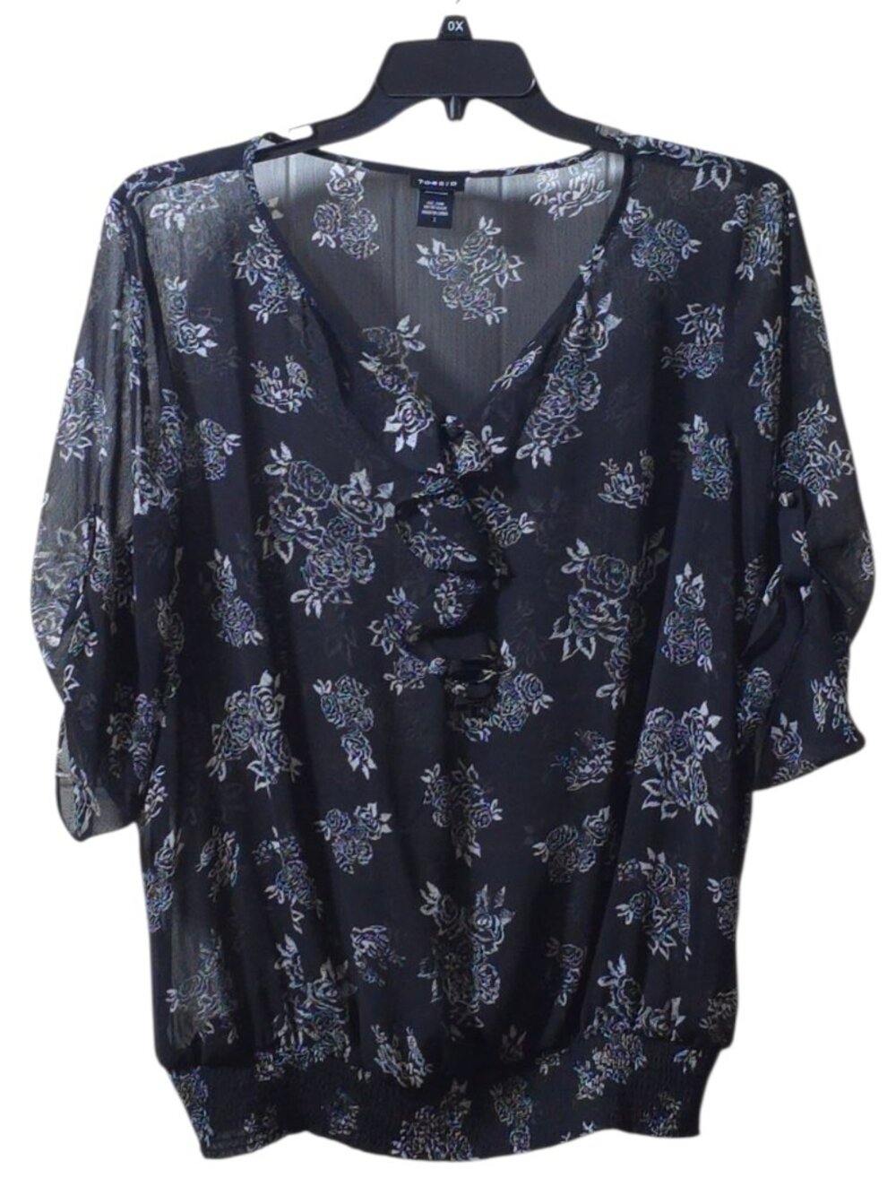 Torrid Size 1 Black Floral Chiffon Blouse Ruffle Front Sheer Boho Plus Top